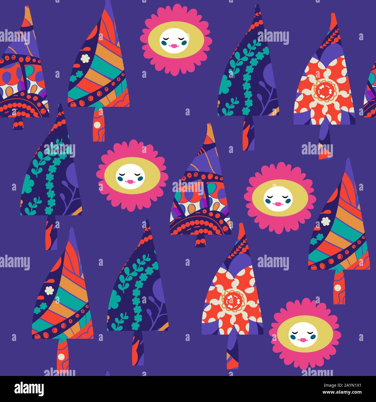 Alberi in stile fantasy senza cuciture. Si trova nel menu campione, immagine vettoriale Illustrazione Vettoriale