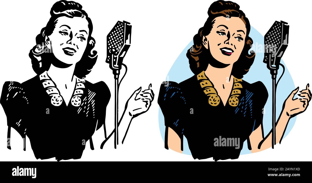 Una donna con un'acconciatura 1940s che si esibisce in un microfono. Illustrazione Vettoriale