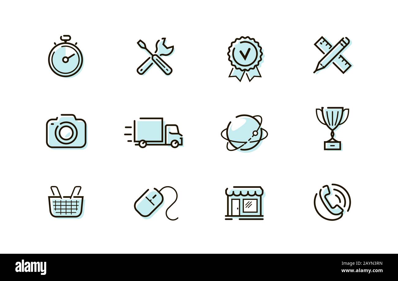 Set di icone Web. Simbolo del contorno del vettore di raccolta per le app mobili o la progettazione del sito Illustrazione Vettoriale