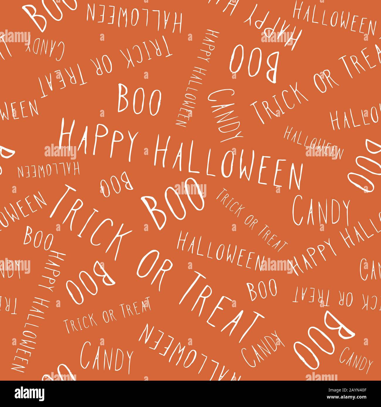 Lettere a mano di Halloween. Motivo di ripetizione senza cuciture scritto a mano bianco su sfondo arancione. Sfondo. Vettore. Illustrazione Vettoriale