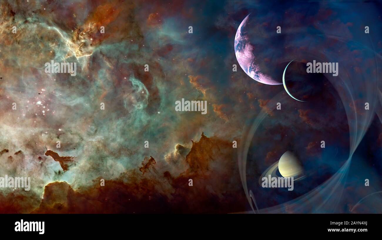 Pianeta rosa con satellite in sfondo cosmico fantasy spazio profondo. Illustrazione 3D. Elementi di questa immagine fornita dalla NASA Foto Stock