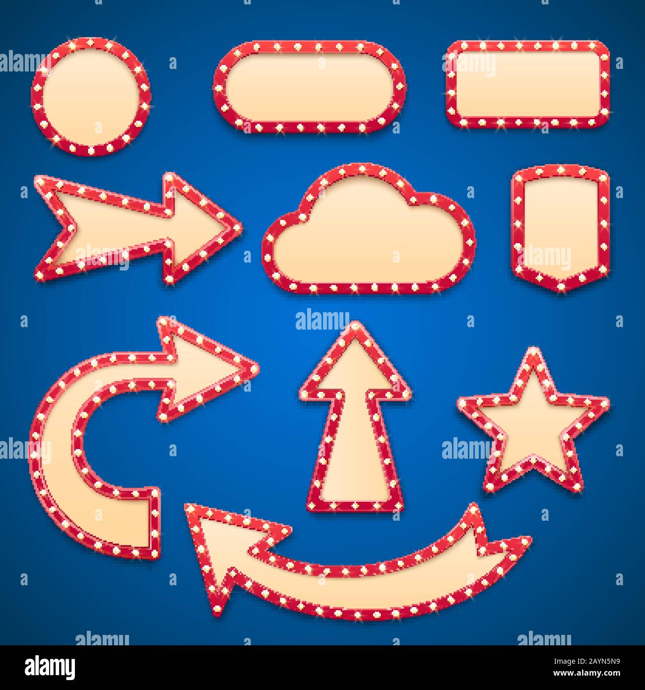 Cornice cinematografica vintage con lampadine o cartelli retro Vegas. Luci elettriche bordo segno, freccia e nuvola isolato vettore set Illustrazione Vettoriale