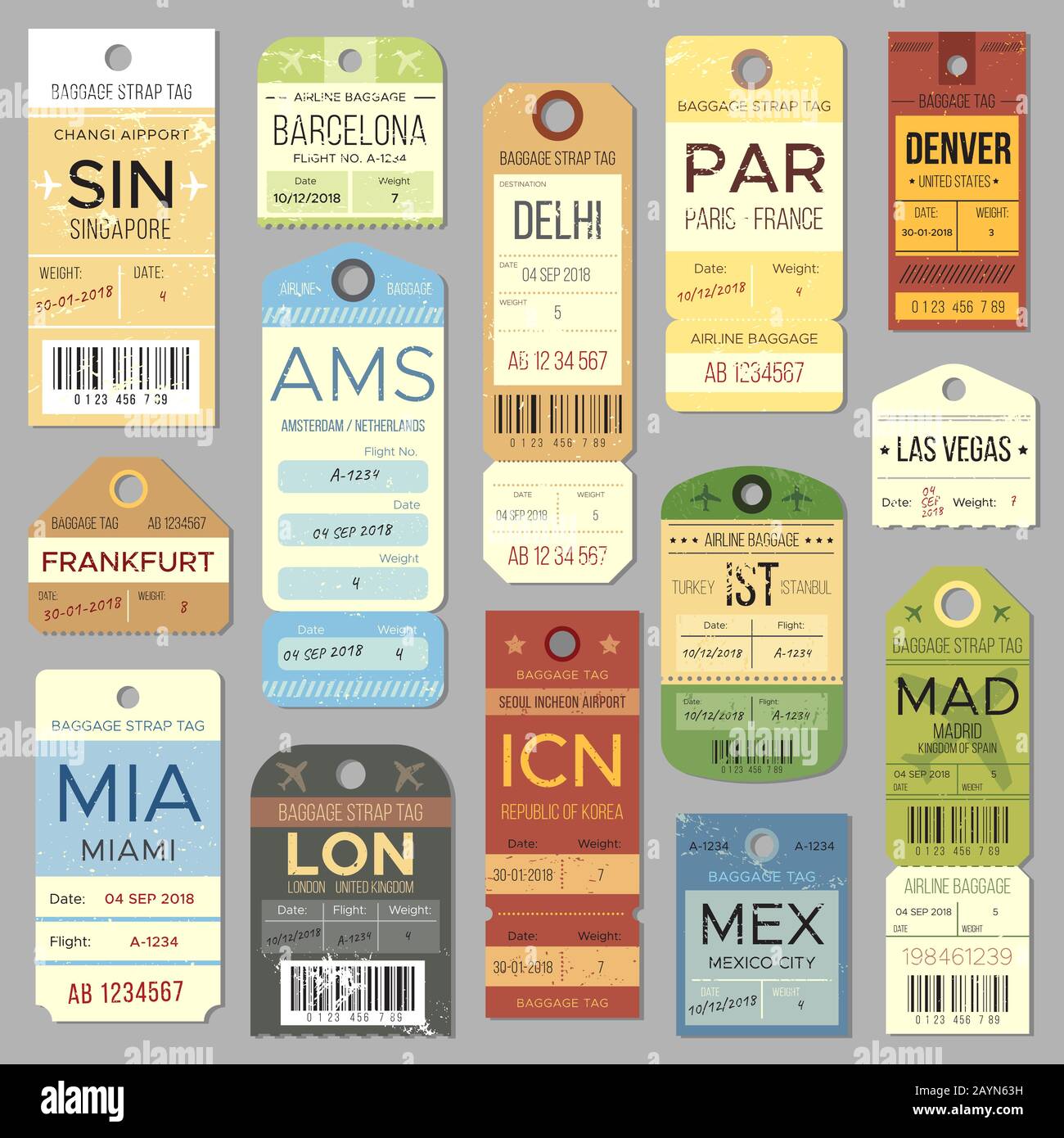 Etichetta o etichetta del vecchio bagaglio con il simbolo del registro di volo. Set di etichette e biglietti per bagagli vintage isolati Illustrazione Vettoriale