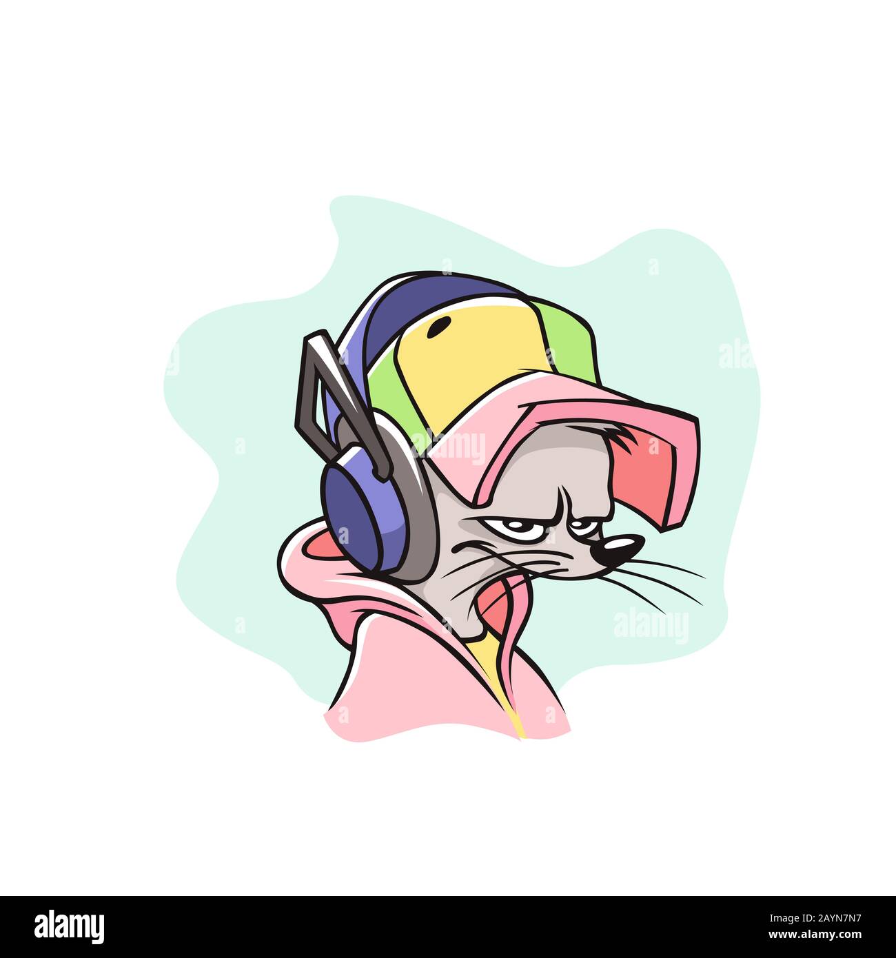 Mouse cartoon hippster stampato in cuffie isolato su sfondo bianco Illustrazione Vettoriale