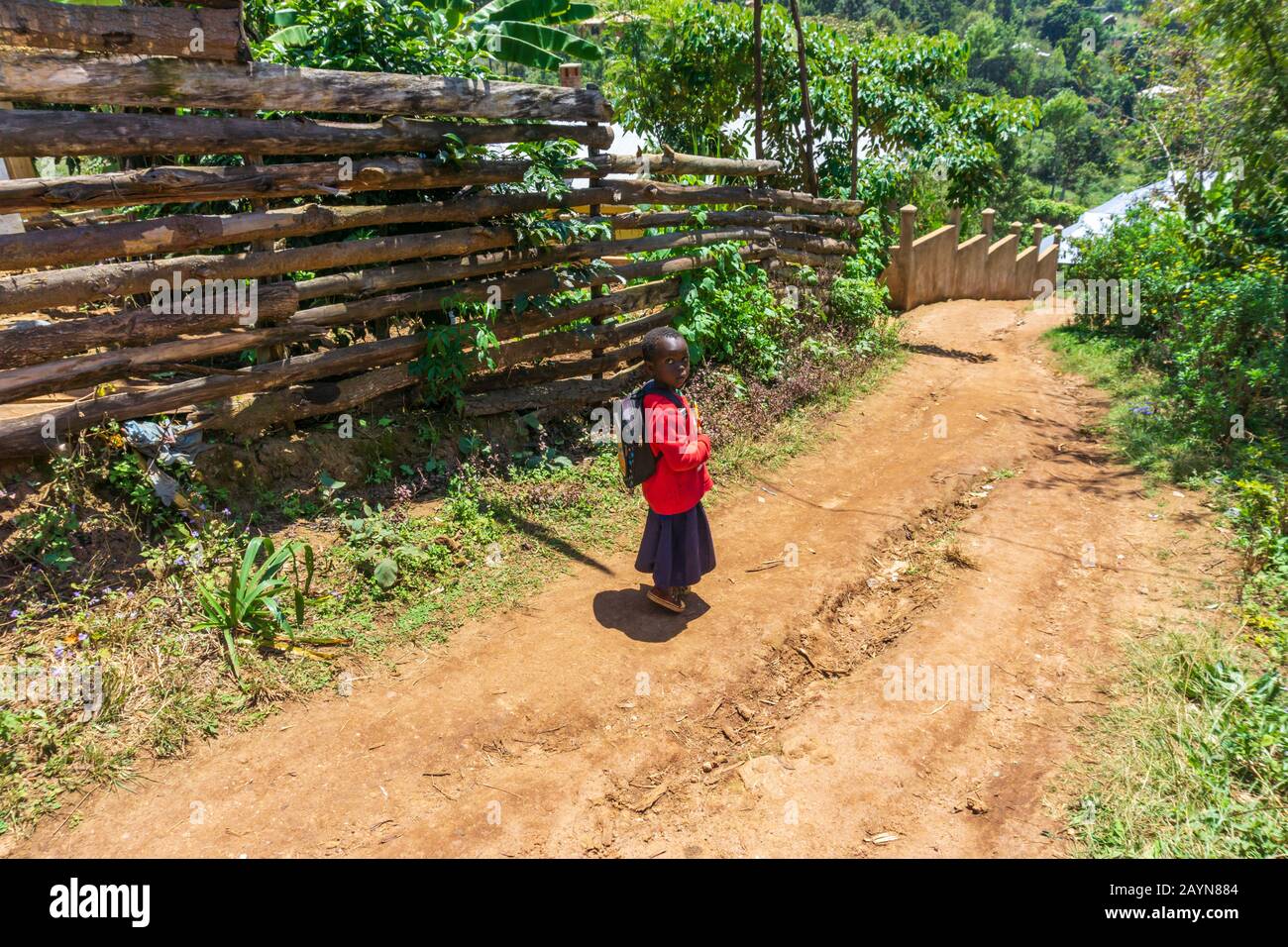LUSHOTO, REGIONE DI TANGA, TANZANIA - 22 AGOSTO 2019: Un bambino sta andando a scuola Foto Stock