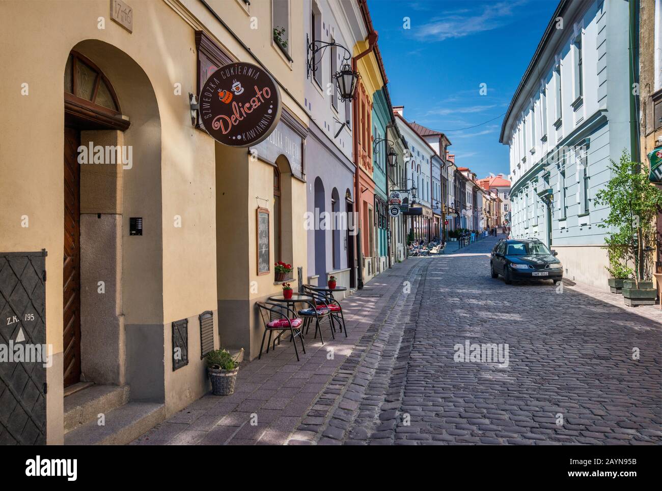 Wzgorze, strada acciottolata nel quartiere della Città Vecchia di Bielsko-Biala, Slesia, Polonia Foto Stock