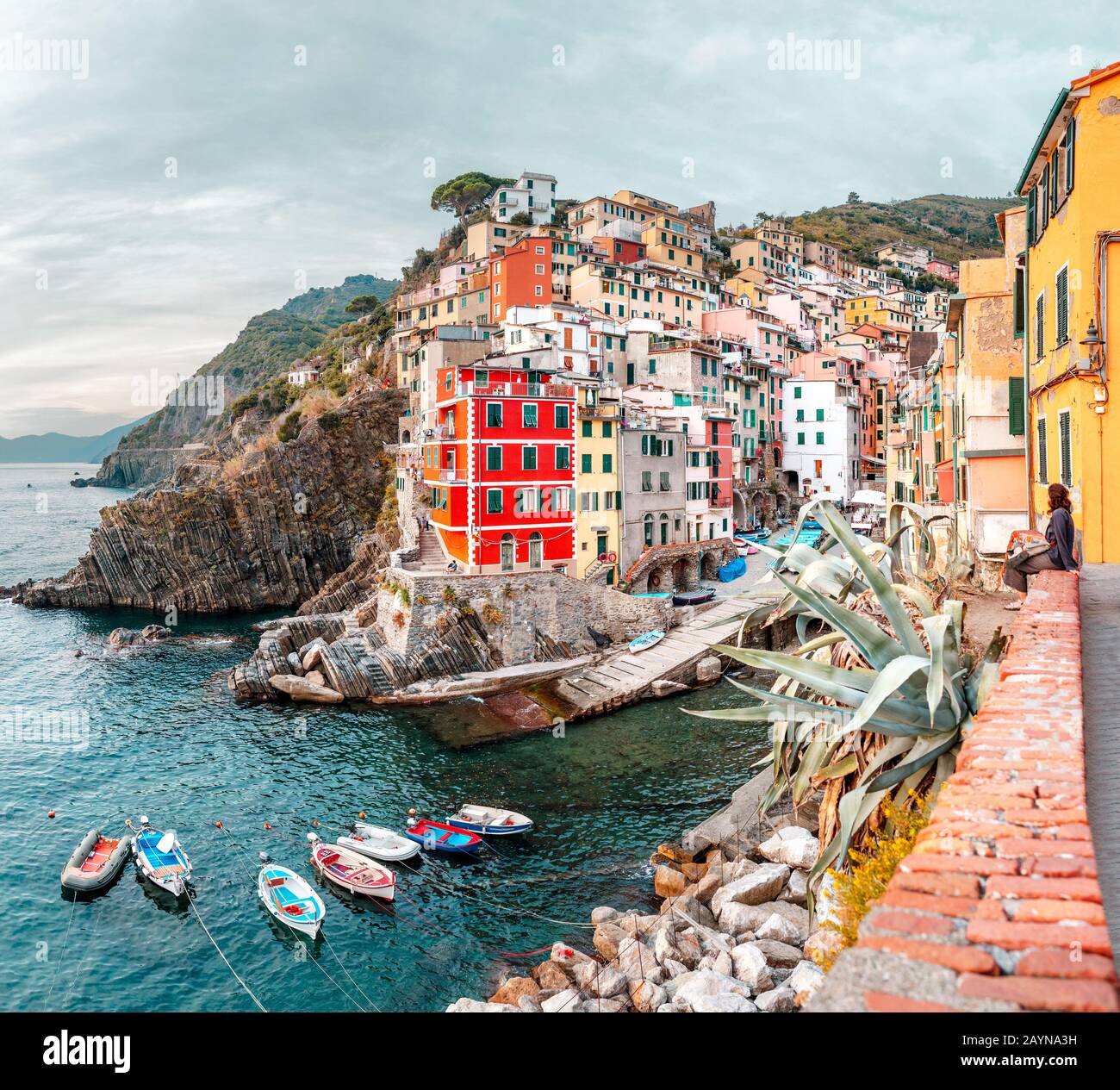 Vista panoramica della cittadina di pescatori di Riomaggiore nel parco naturale cinque terre. Destinazione di viaggio e vacanza in Italia e in Europa Foto Stock