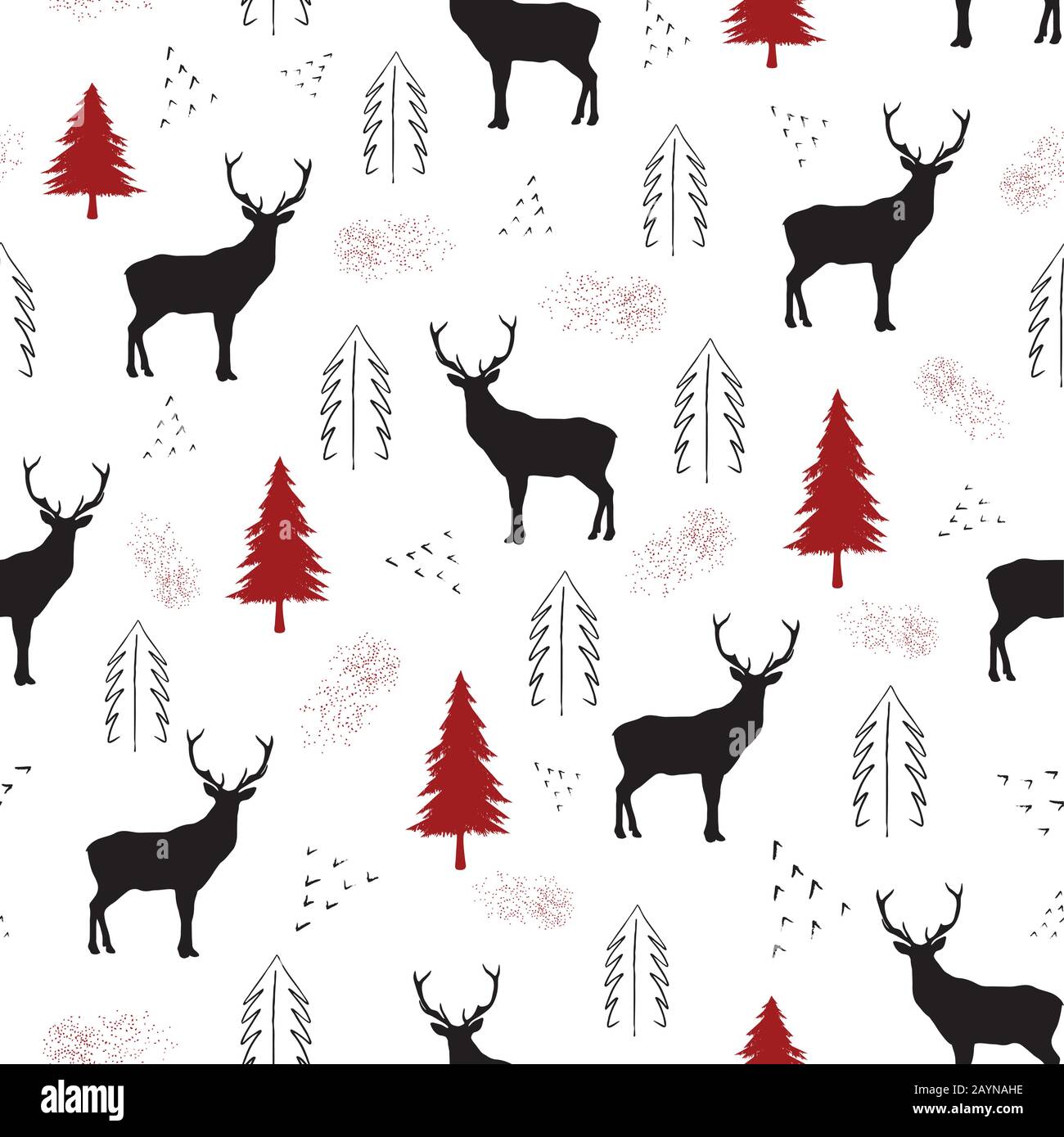 Cervi neri, puntini e alberi di natale rossi su sfondo bianco. Ripetizione perfetta del motivo natalizio per progetti di stampa, disegno tessile o carta. Vettore. Illustrazione Vettoriale