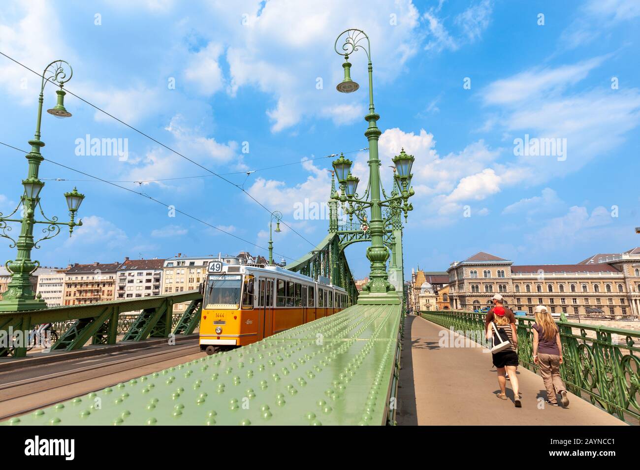 Tram che attraversa il Szabadság híd o il Ponte della libertà, Budapest, Ungheria Foto Stock