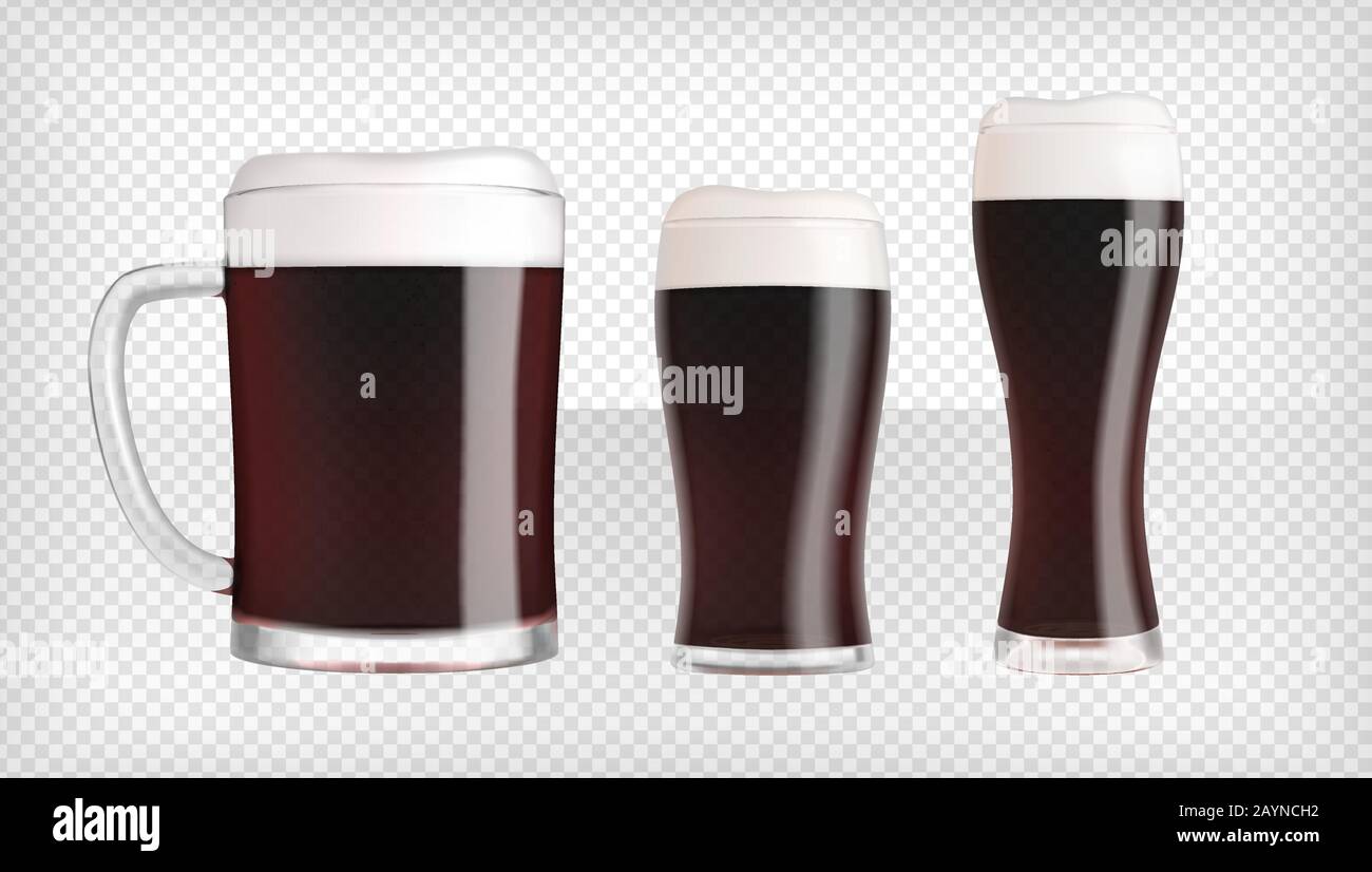 Tre diversi bicchieri e tazze di birra scura Illustrazione Vettoriale