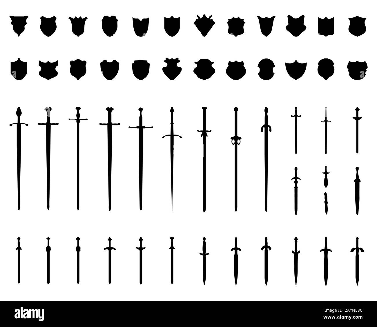 Silhouette nere di scudi e spade su sfondo bianco Foto Stock