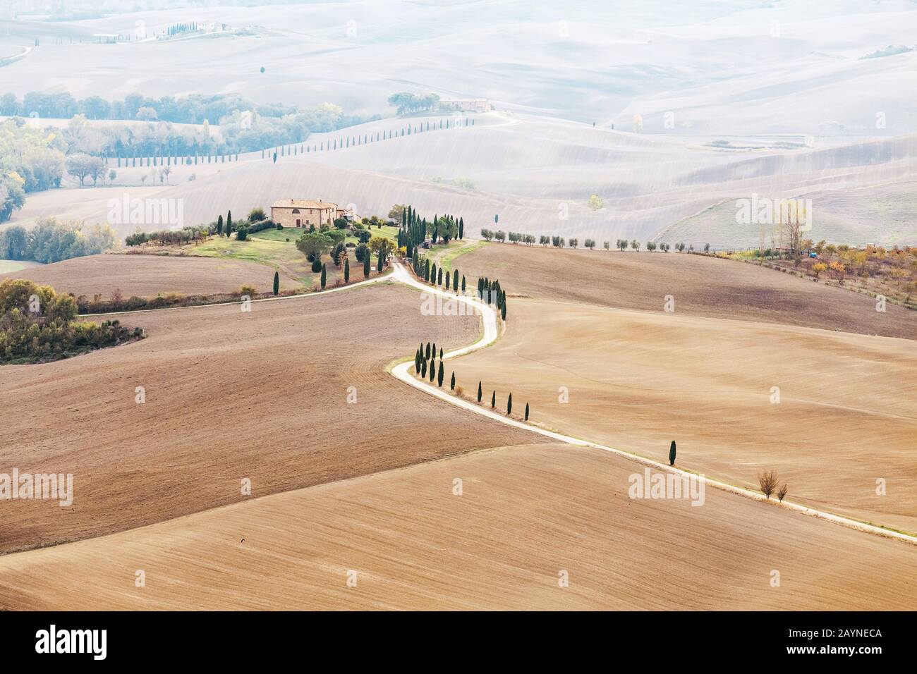 Paesaggio con strada in Toscana, Italia Foto Stock