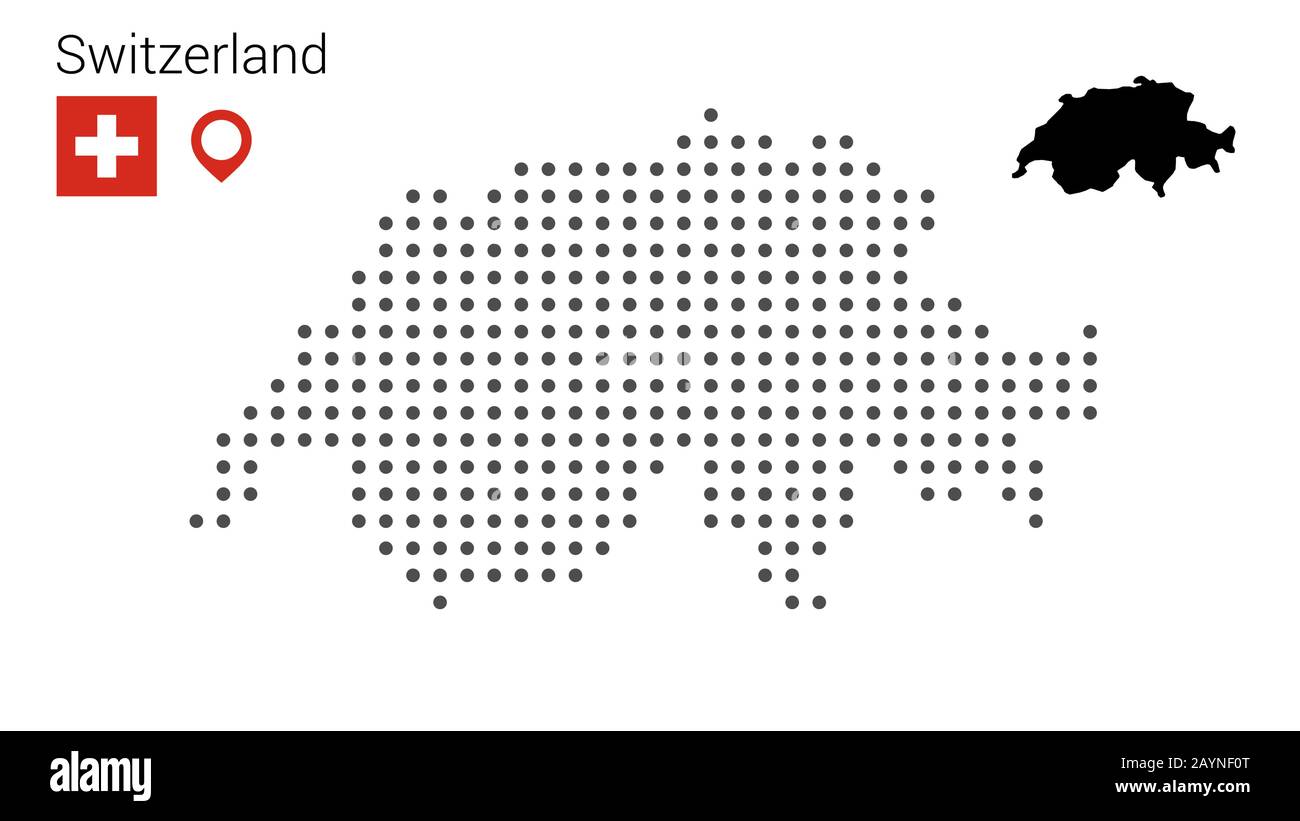 Mappa svizzera punteggiata su sfondo bianco con bandiera e pin. Illustrazione per disegno di fotoricettore o infographics. File vettoriale in eps 10 modificabile e scalabile Illustrazione Vettoriale
