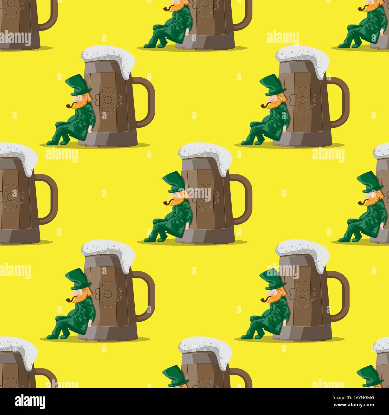 Modello senza cuciture di un leprechaun che spinge una tazza gigante di birra in legno su uno sfondo giallo. Immagine vettoriale Illustrazione Vettoriale