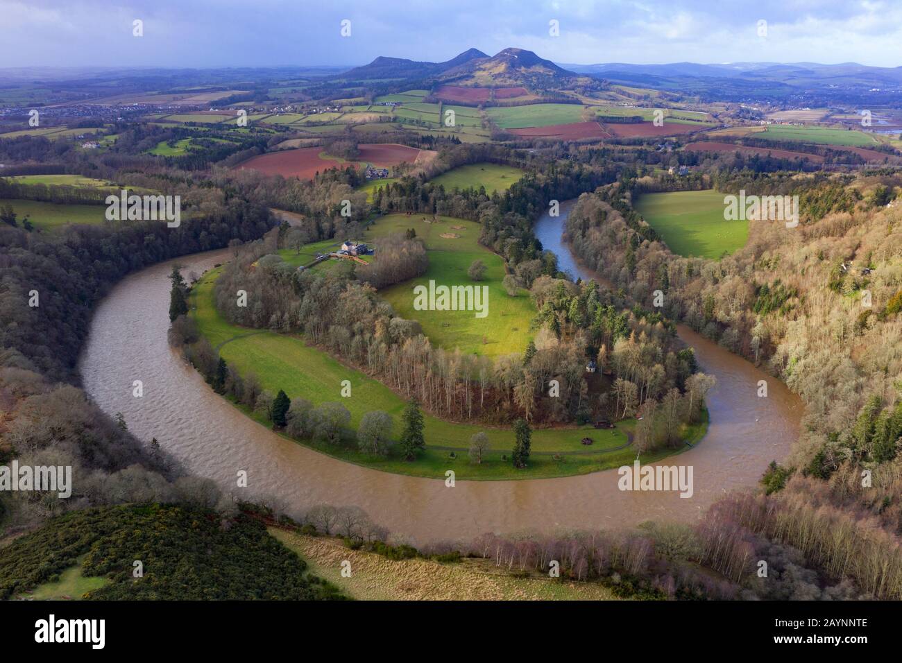 Melrose, Scozia, Regno Unito. 16 Febbraio 2020. Vista di un fiume rigonfio Tweed e Eildon Hills alla vista di Scott nei Confini scozzesi dopo forti precipitazioni durante la tempesta Dennis. La tempesta ha provocato un'estesa inondazione Nei Confini scozzesi. Foto Stock
