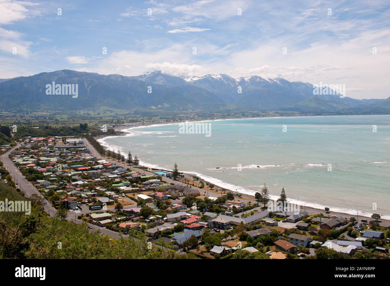 Vista della città di Kaikoura sull'Isola del Sud in Nuova Zelanda. Foto Stock