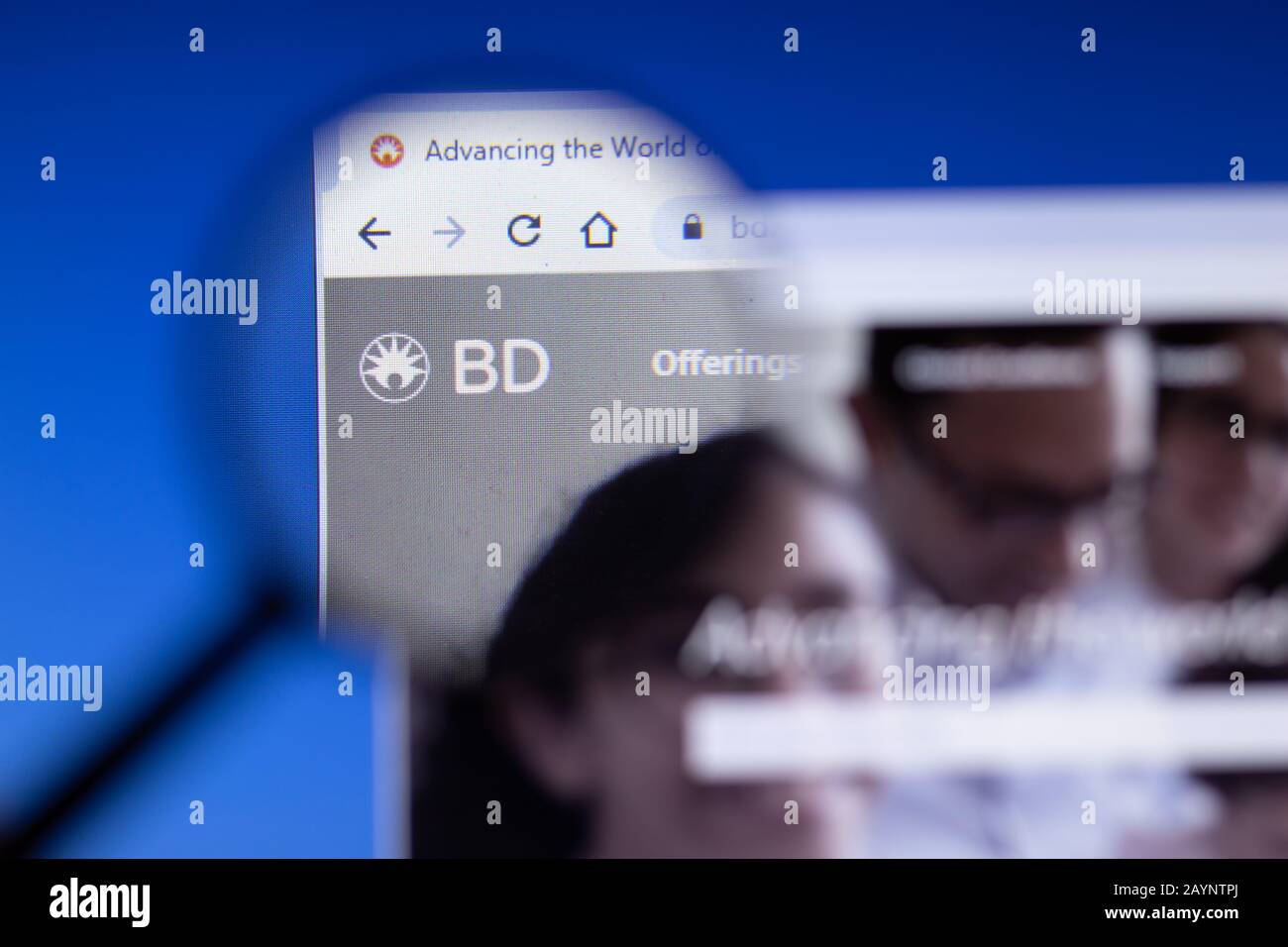 San Pietroburgo, Russia - 18 febbraio 2020: Logo della pagina del sito Web della Becton Dickinson Company sul display del laptop. Schermata con icona, editoriale Illustrativo Foto Stock