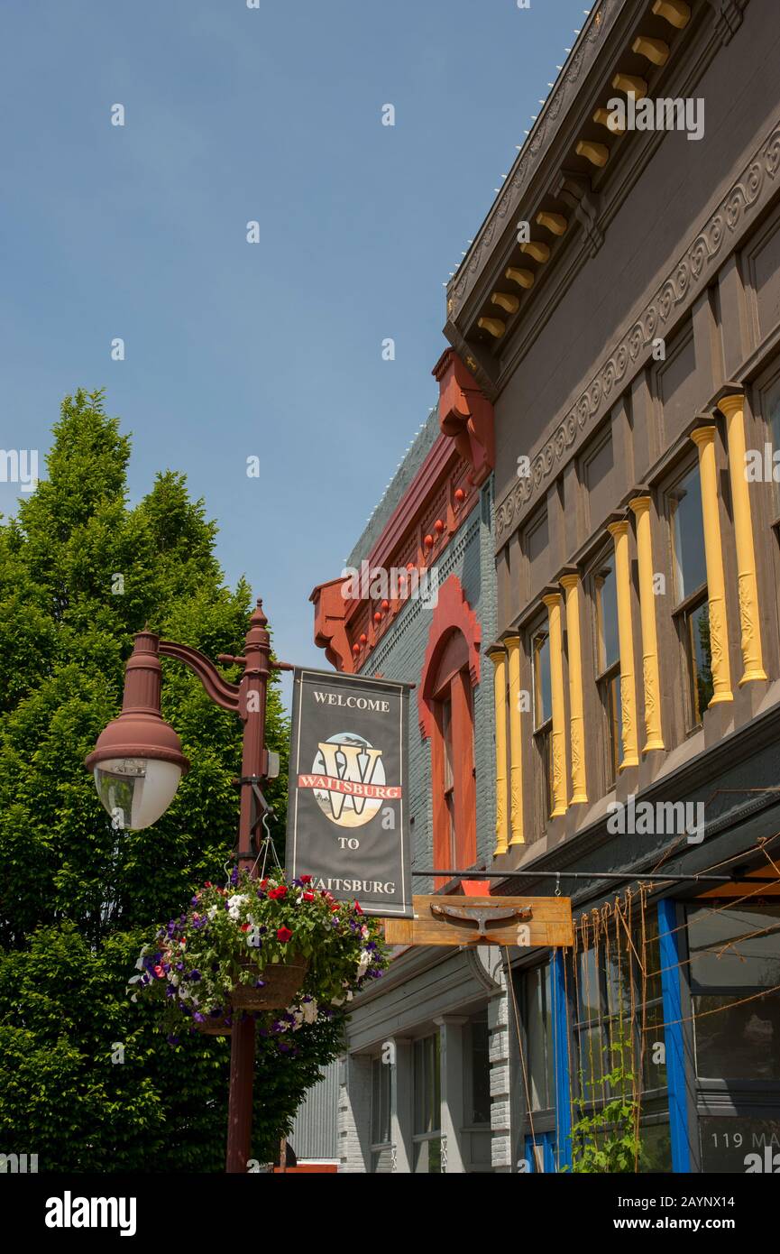 Scena di strada con lampione decorato e architettura del 19th Secolo a Waitsburg, Washington Orientale, USA. Foto Stock