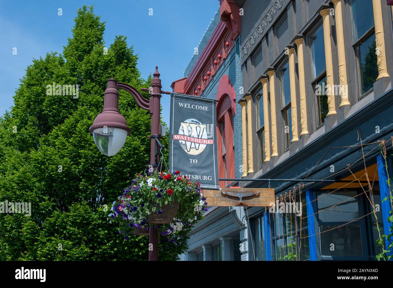Scena di strada con lampione decorato e architettura del 19th Secolo a Waitsburg, Washington Orientale, USA. Foto Stock