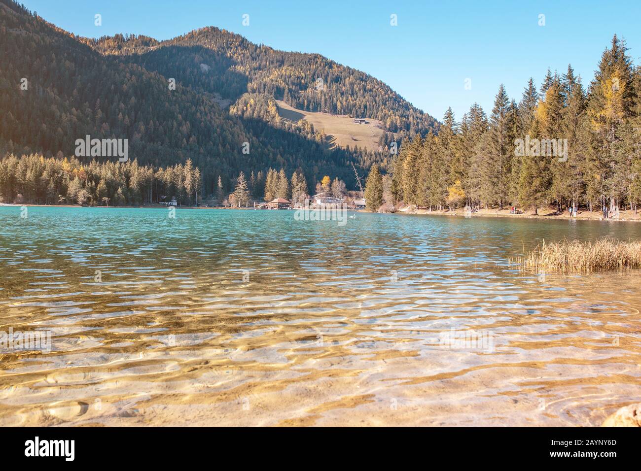 Il lago Dobbiaco nelle Alpi Dolomiti è una famosa meta turistica e ricreativa in Italia Foto Stock