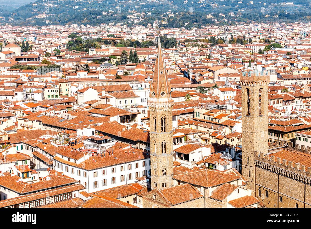 Veduta aerea panoramica dal punto di vista della classica vista ai più famosi luoghi di interesse di Firenze nella giornata di sole. Concetto di viaggio in Italia Foto Stock