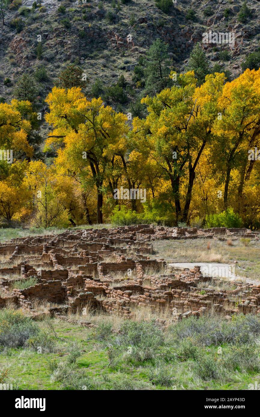 Resti Di Tyuonyi Pueblo Nel Frijoles Canyon, Bandelier National Monument Vicino Los Alamos, New Mexico, Usa. Foto Stock