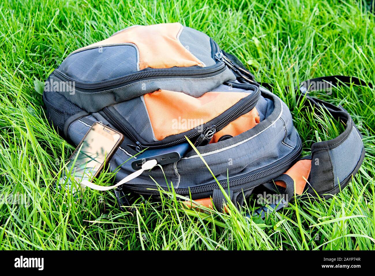 Potenza oneri bancari uno smartphone sull'erba Foto Stock