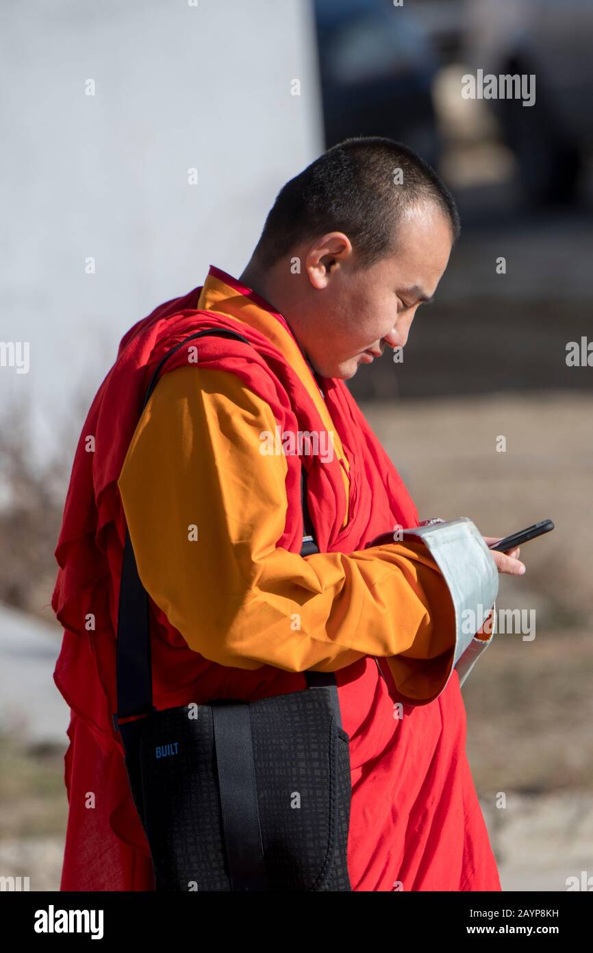 Un monaco che texting su un telefono cellulare al monastero di Gandantegchinlen a Ulaanbaatar, Mongolia. Foto Stock