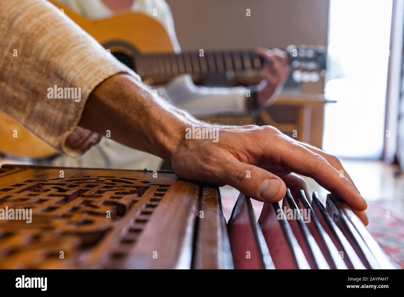 Closeup di mani anziane che suonano musica classica indiana di kirtan sacro  per il silenzio e la pace usando l'armonium con la donna che suona la  chitarra classica Foto stock - Alamy