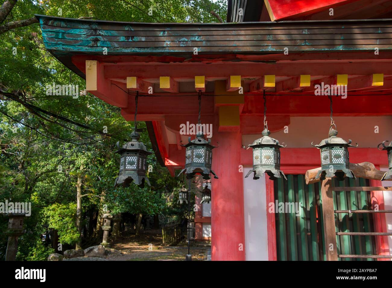 Lanterne al Grande Santuario Kasuga (Kasuga-taisha) nella città di Nara, nella Prefettura di Nara, Giappone. Foto Stock