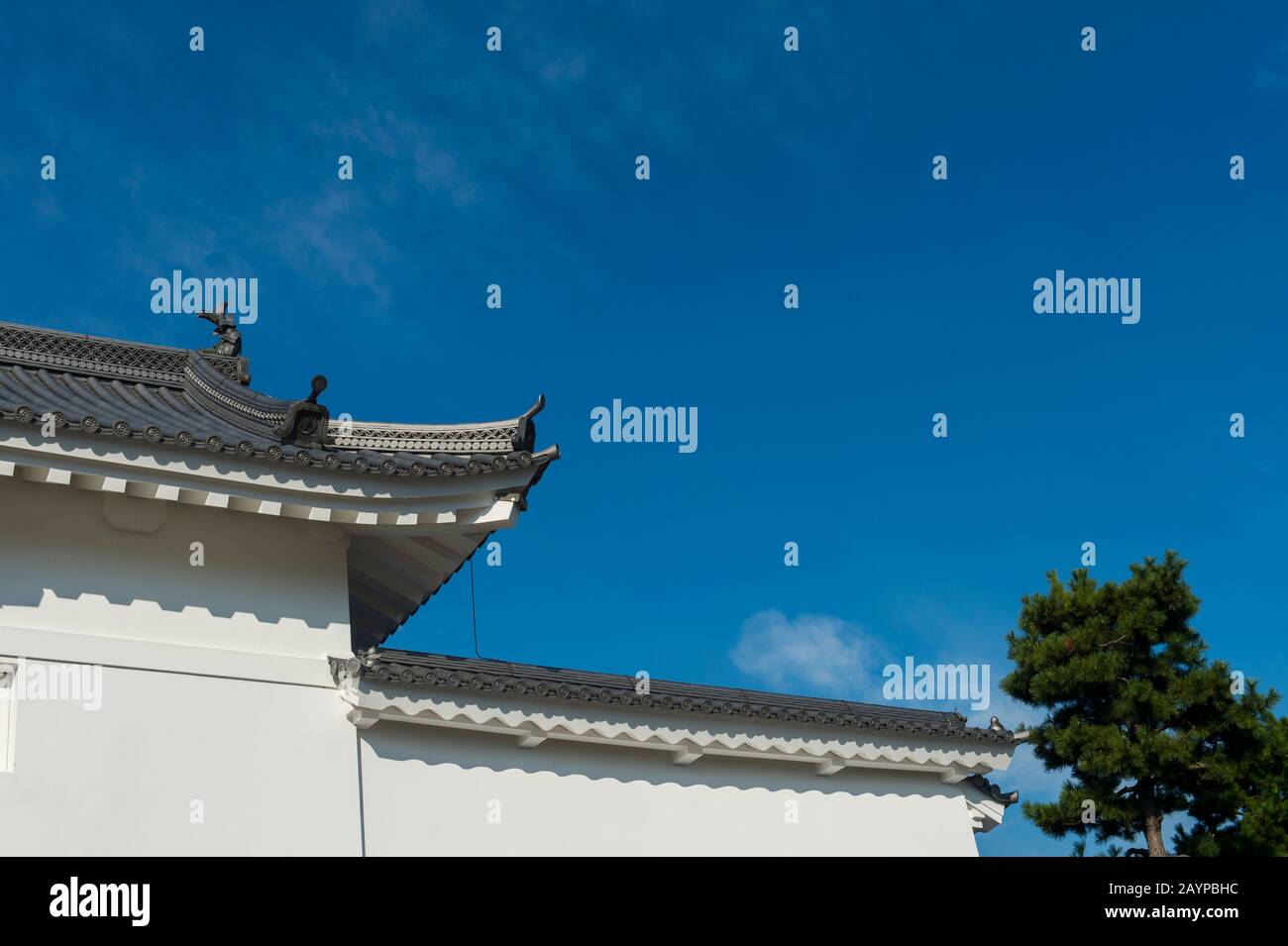 Dettaglio del design del tetto di una parete alle porte d'ingresso principali del Castello Nijo a Kyoto, Giappone. Foto Stock