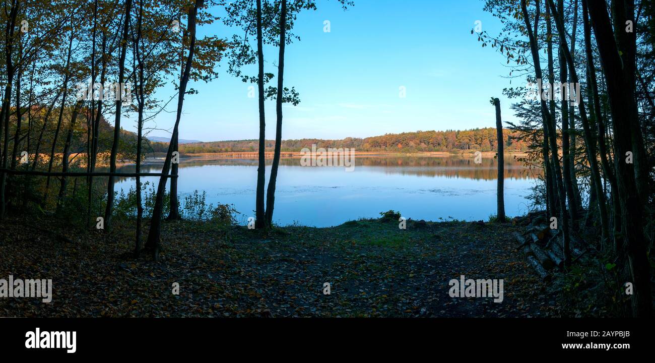 panorama del lago di foresta in giornata di sole bello autunno Foto Stock