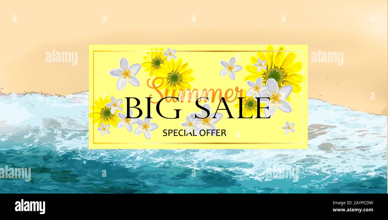 Estate vendita banner sfondo mockup. Modello di illustrazione del vettore. Banner orizzontale. Ciao estate. Vista sulla spiaggia. Onde di mare e schiuma.. Illustrazione Vettoriale