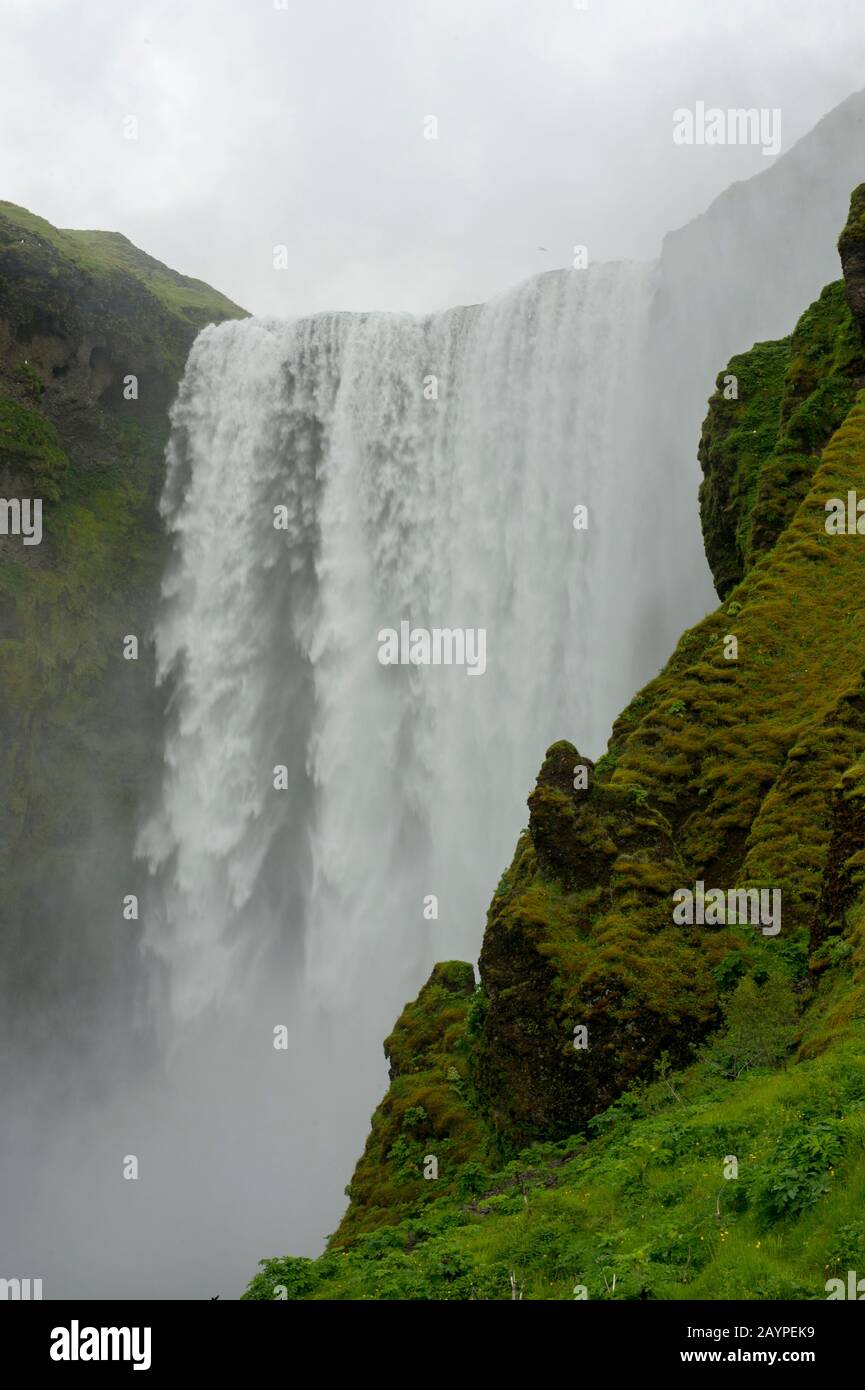 Lo Skogafoss è una delle più grandi cascate del sud dell'Islanda, con una larghezza di 15 metri e una caduta di 60 metri. Foto Stock