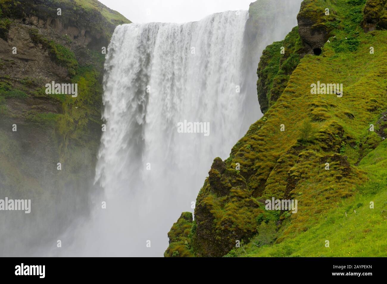 Lo Skogafoss è una delle più grandi cascate del sud dell'Islanda, con una larghezza di 15 metri e una caduta di 60 metri. Foto Stock