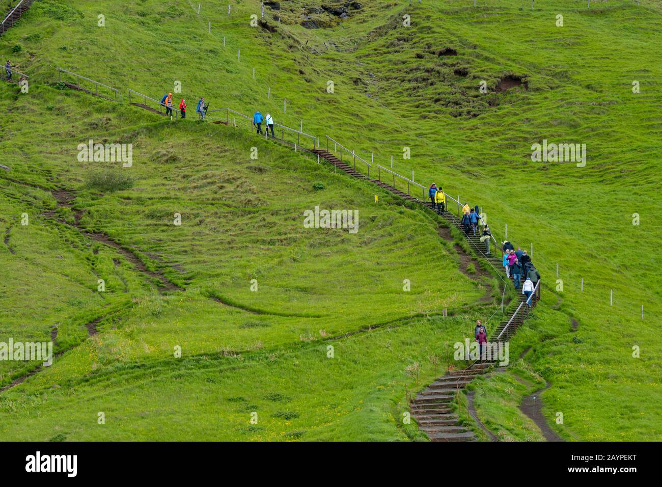 I turisti che camminano sulla collina vicino allo Skogafoss, che è una delle cascate più grandi nel sud dell'Islanda con una larghezza di 15 metri (49 piedi) e. Foto Stock