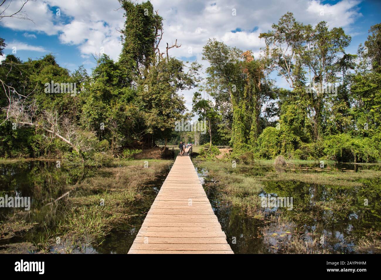 Sopra un laghetto per raggiungere il tempio Khmer di Neak Pean, un'isola artificiale che appartiene al complesso del tempio di Angkor, situato in Cambogia Foto Stock