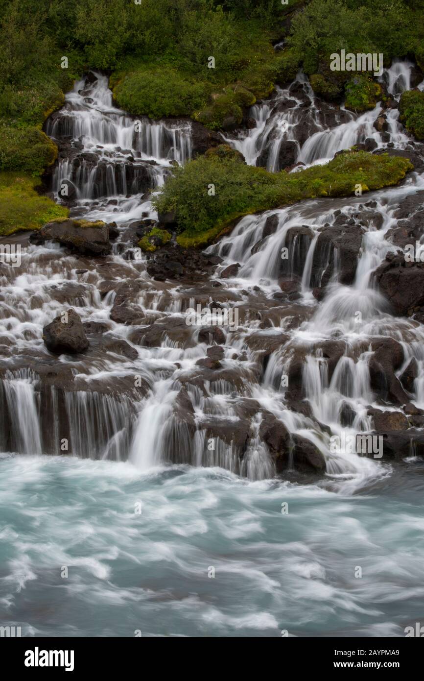 Vista di Hraunfossar (cascate di Lava) in Islanda occidentale sono bei e insoliti fenomeni naturali con chiare sorgenti fredde di acqua sotterranea che attraversa Foto Stock