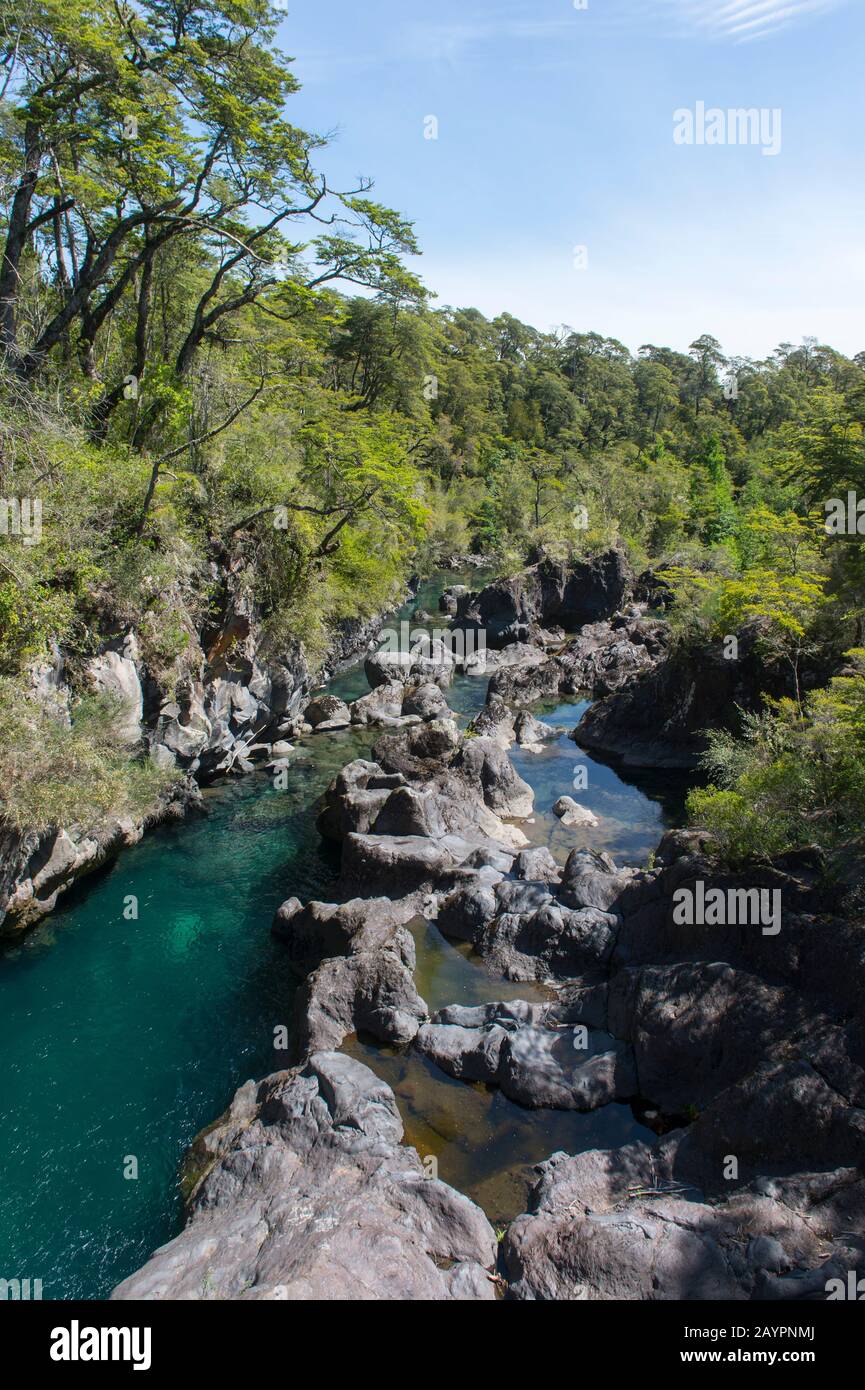 Il fiume Petrohue nel Parco Nazionale Vicente Perez Rosales vicino a Puerto Varas e Puerto Montt nel Distretto dei Laghi nel Cile meridionale. Foto Stock