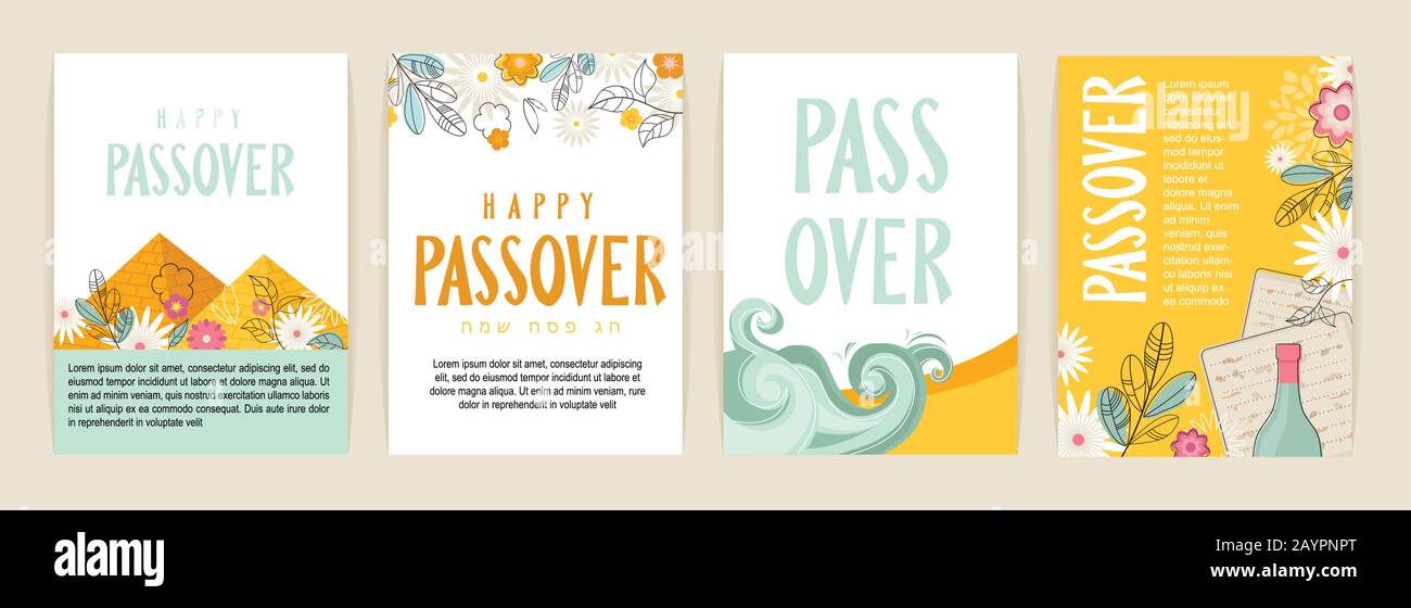 Set di biglietti d'auguri per Passover. Seder pesach initation, modello di biglietto d'auguri o volantino di vacanza. Felice passover in inglese ed ebraico Illustrazione Vettoriale