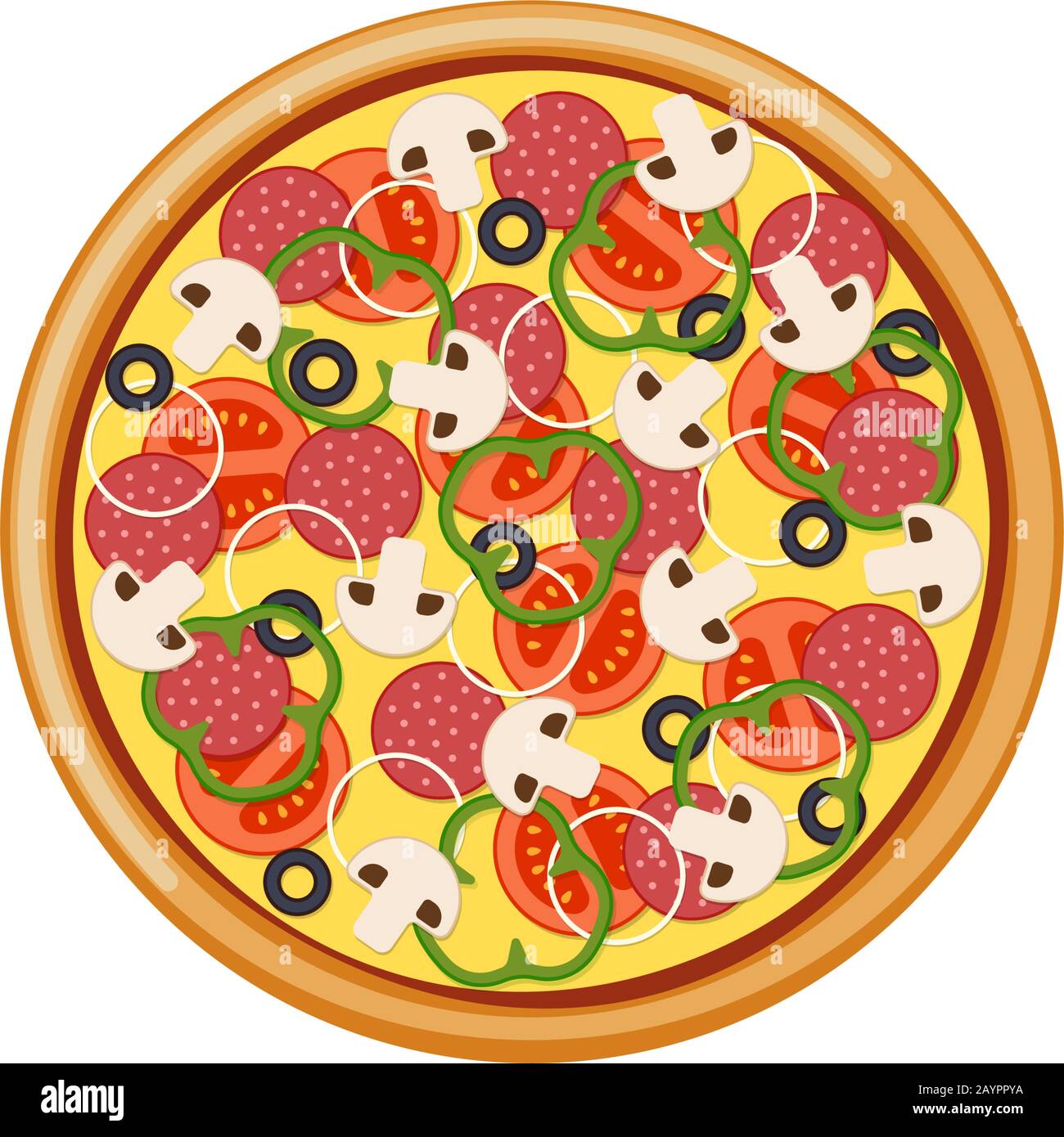 Pizza con pomodori a fette funghi salame salsiccia cipolla peperone olive nere e formaggio. Illustrazione vettore isolato per fast food italiano Illustrazione Vettoriale