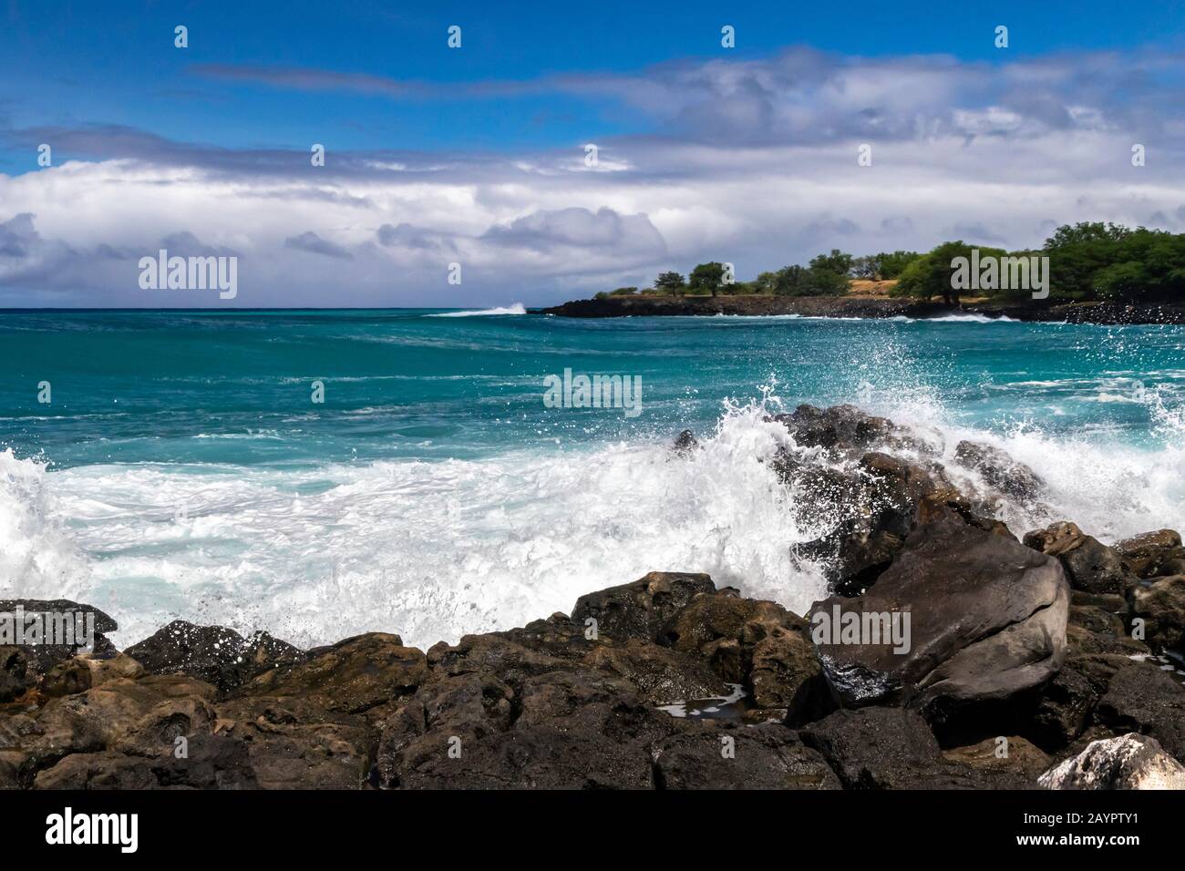 Infrangere le onde sulla costa ruvida della costa di Kona, sulla Big Island delle Hawaii. Blu-verde oceano Pacifico oltre; costa rocciosa con alberi in lontananza. C Foto Stock