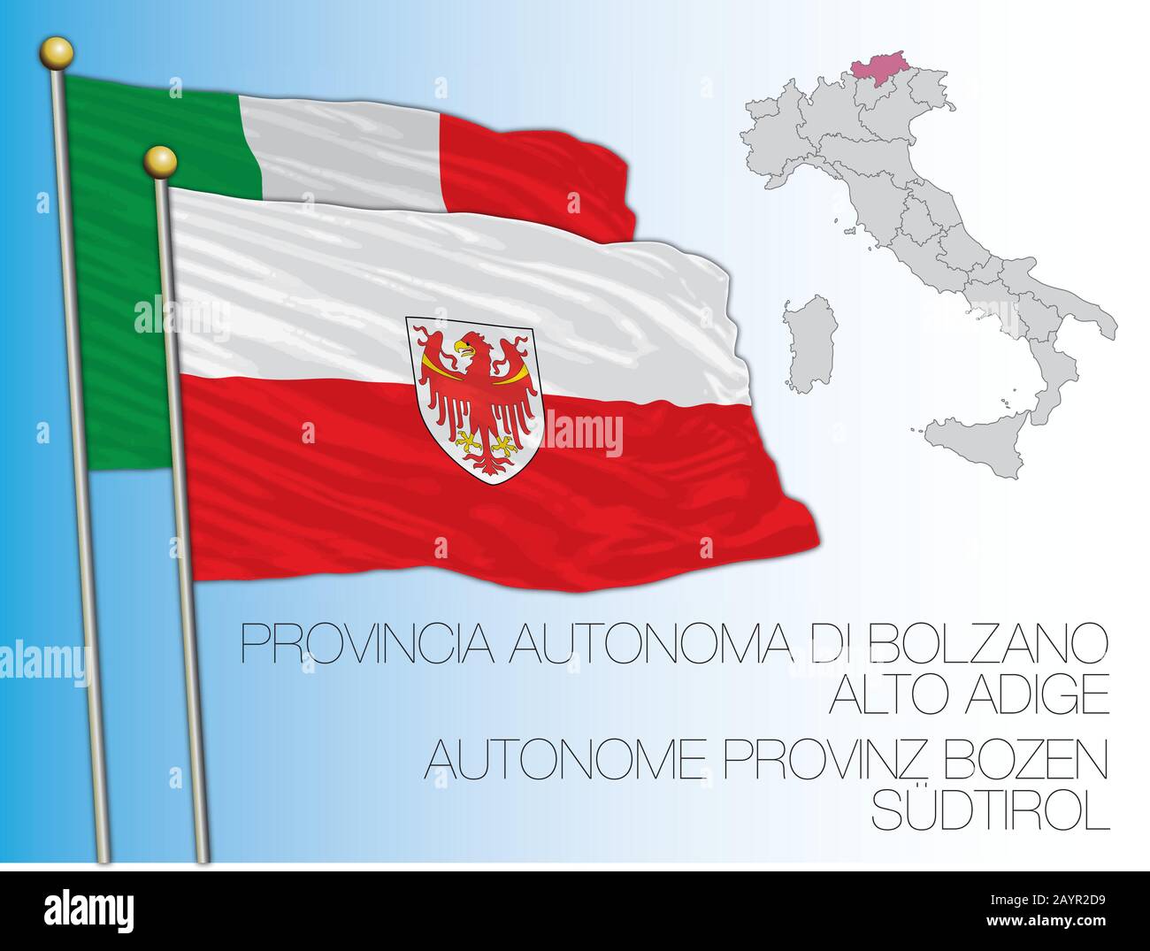 Bandiera ufficiale e mappa della Provincia Autonoma di Bolzano, Italia, illustrazione vettoriale Illustrazione Vettoriale