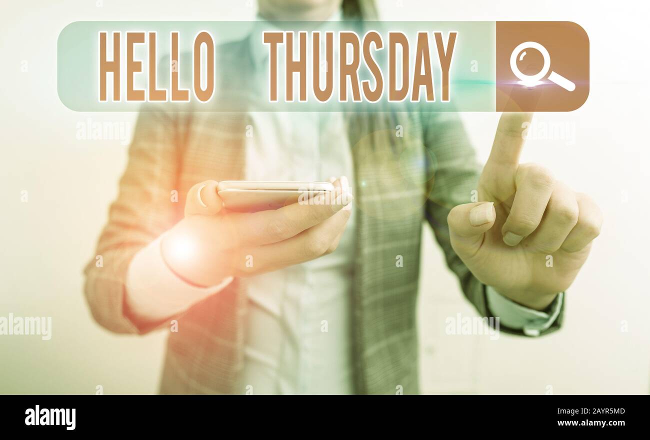 Cartello con scritto Hello Thursday. Foto d'affari che mostra il saluto utilizzato per dare il benvenuto il giorno dopo il mercoledì Foto Stock