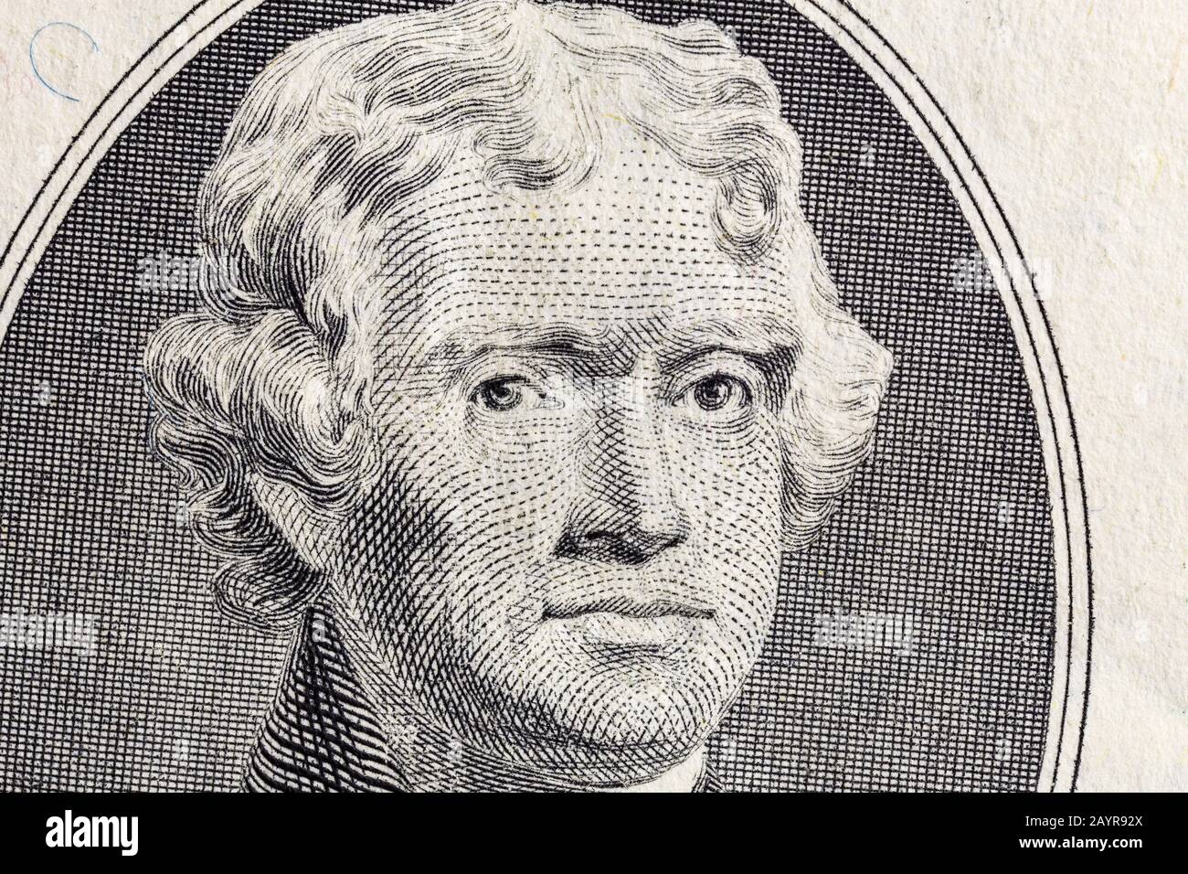 Primo piano macro fotografia del presidente Thomas Jefferson sul conto di due dollari USA. Foto Stock