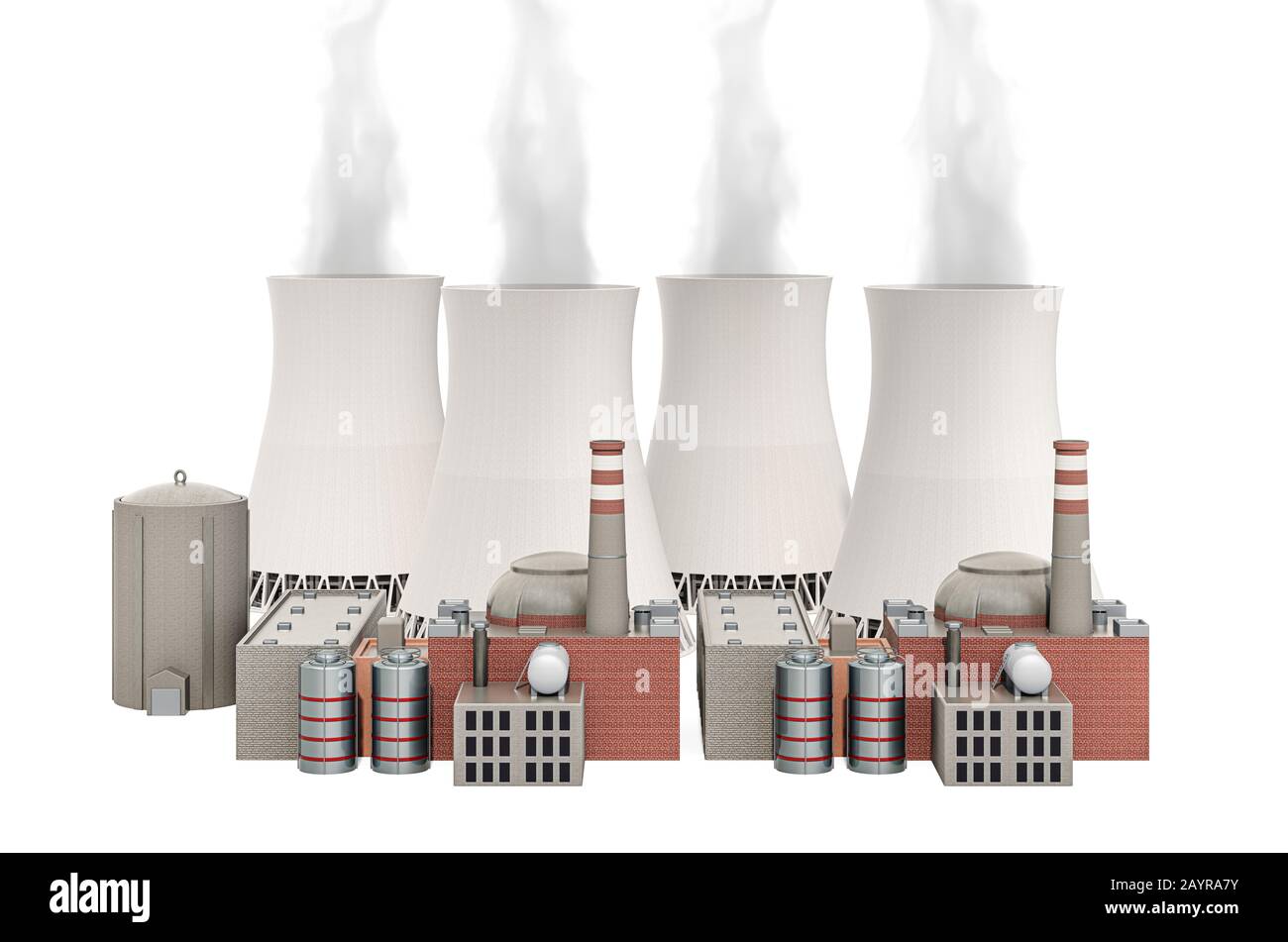 Centrale nucleare. Rendering 3D isolato su sfondo bianco Foto Stock