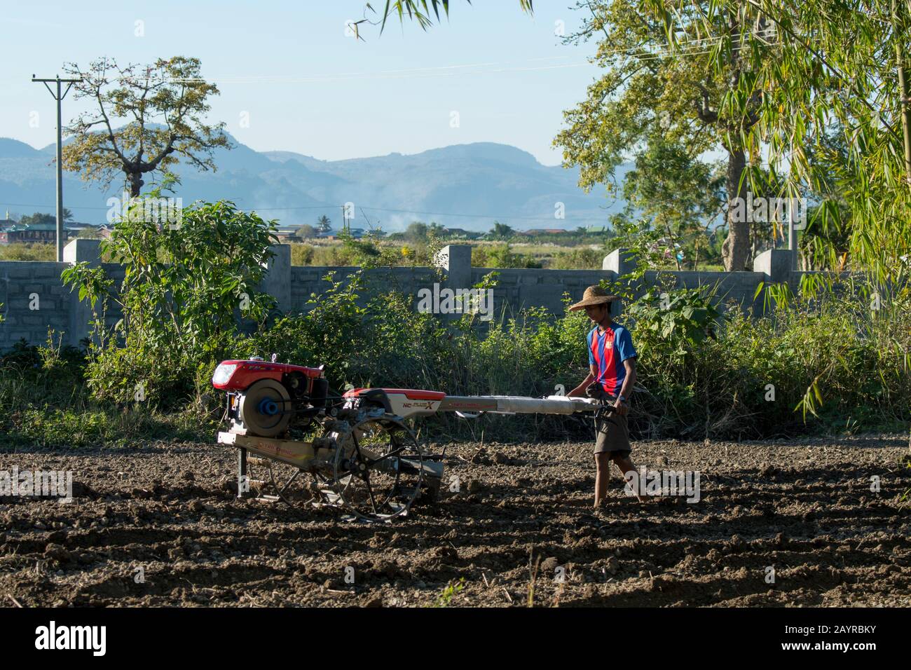 Un contadino sta arando il suo campo con un piccolo trattore al villaggio di Naungtaw sul lago Inle in Myanmar. Foto Stock