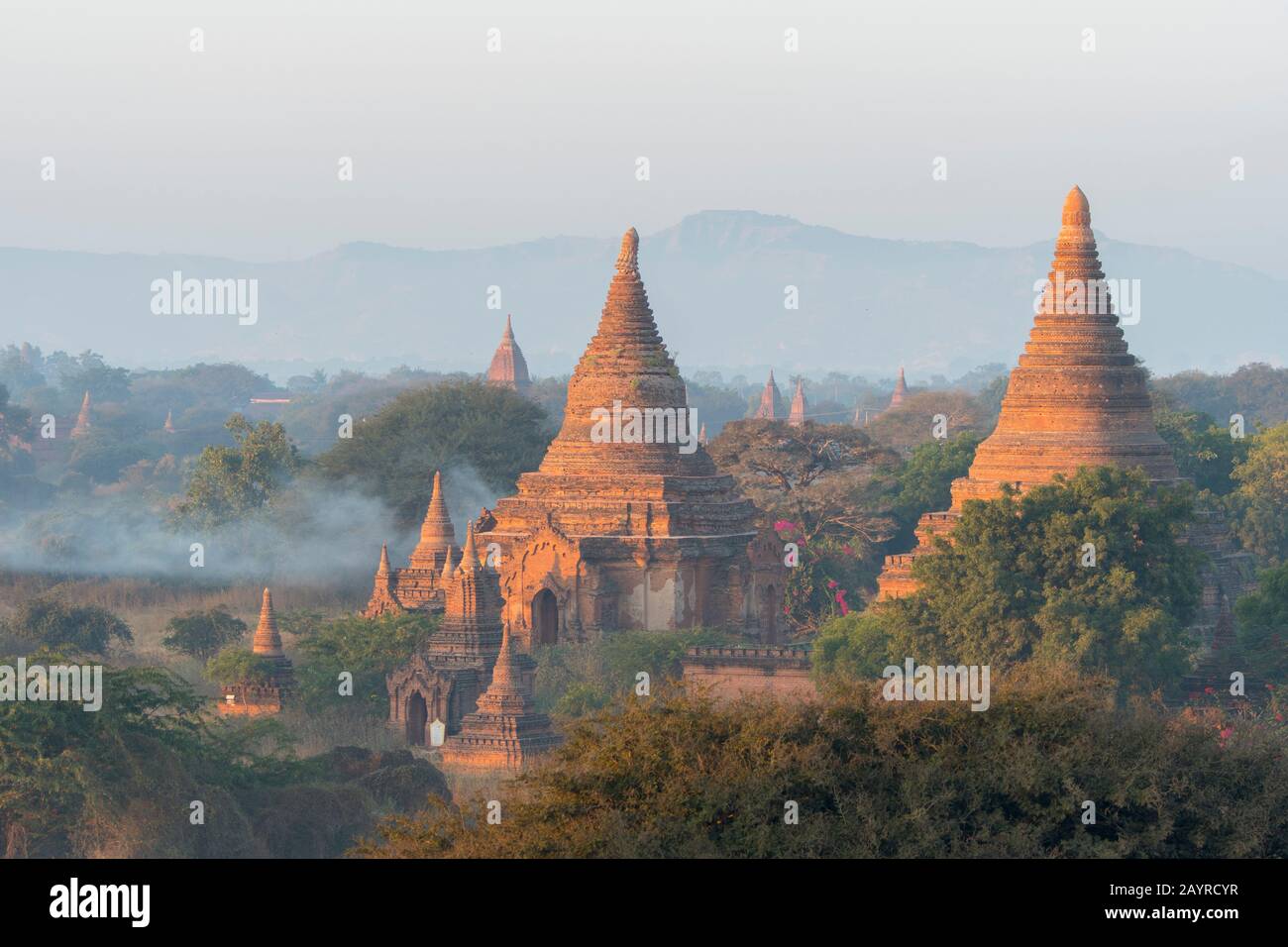 Vista dei templi più piccoli all'alba dalla Pagoda Shwesandaw a Bagan in Myanmar. Foto Stock