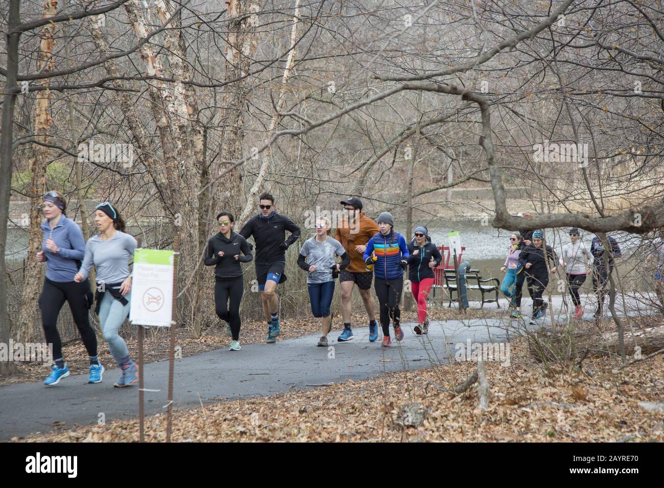 Jogging Meetup Group organizza un evento di corsa in una giornata invernale a Prospect Park, Brooklyn, New York. Foto Stock