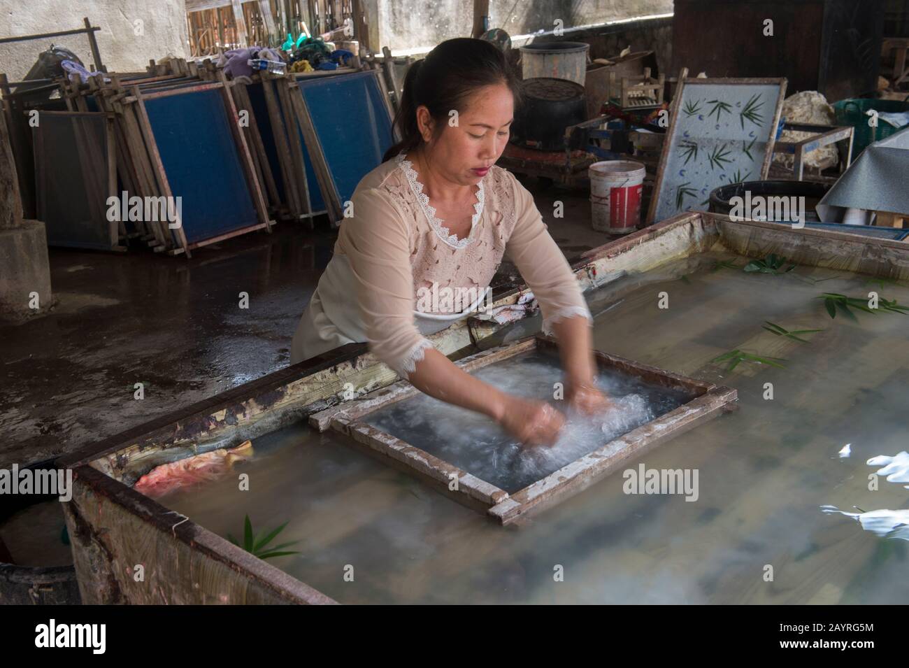 La produzione di carta di iuta (le fibre si stanno spargendo in acqua in un sift) in Ban Xang Khong, un villaggio vicino a Luang Prabang nel Laos centrale, che è noto Foto Stock
